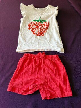 Girls Strawberry "Berry Cute" Outfit Size 5-6 White Graphic Tee & Red Shorts Set